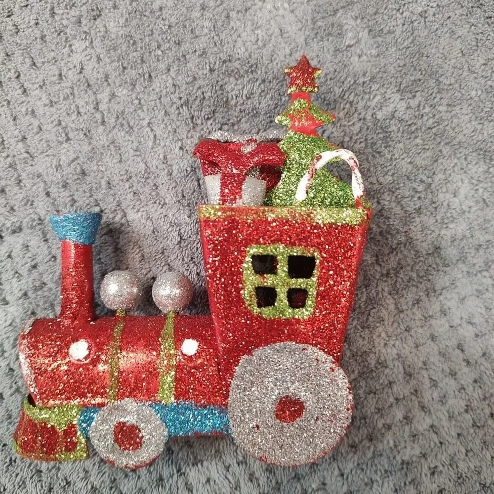 Metal Train‎ Locomotive Engine Christmas Ornament Decoration Glitter Green Red